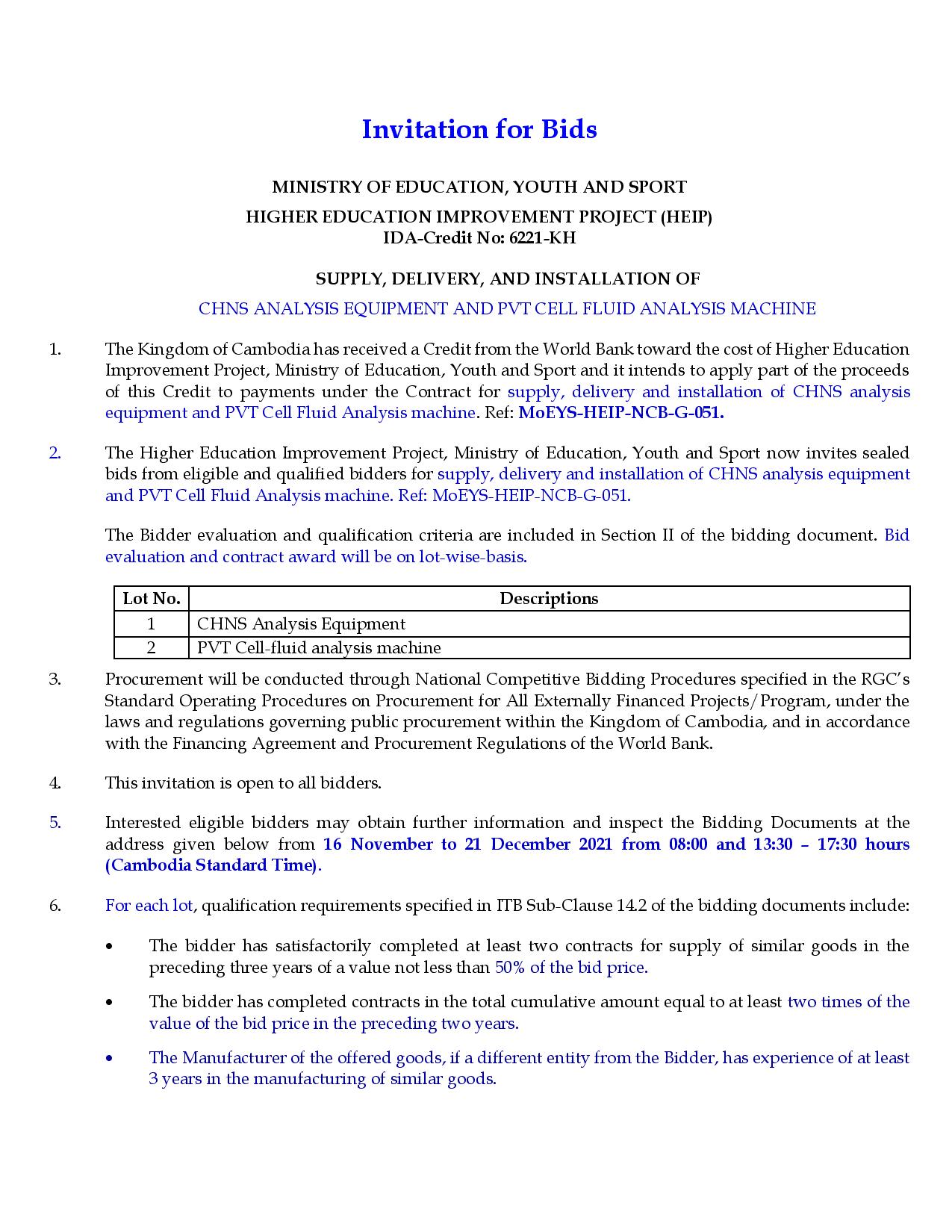 Invitation for Bids of Procurement of Goods for SUPPLY, DELIVERY, AND INSTALLATION OF CHNS ANALYSIS EQUIPMENT AND PVT CELL FLUID ANALYSIS MACHINE