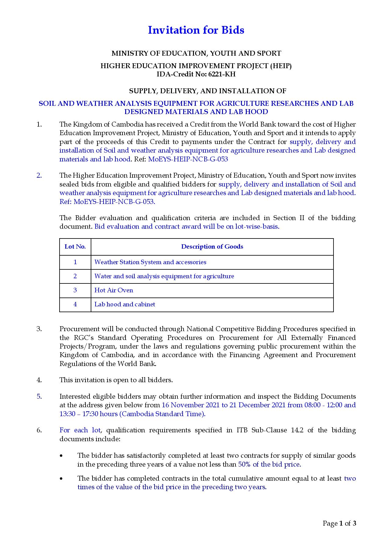 Invitation for Bids of Procurement of Goods for SUPPLY, DELIVERY, AND INSTALLATION OF SOIL AND WEATHER ANALYSIS EQUIPMENT FOR AGRICULTURE RESEARCHES AND LAB DESIGNED MATERIALS AND LAB HOOD