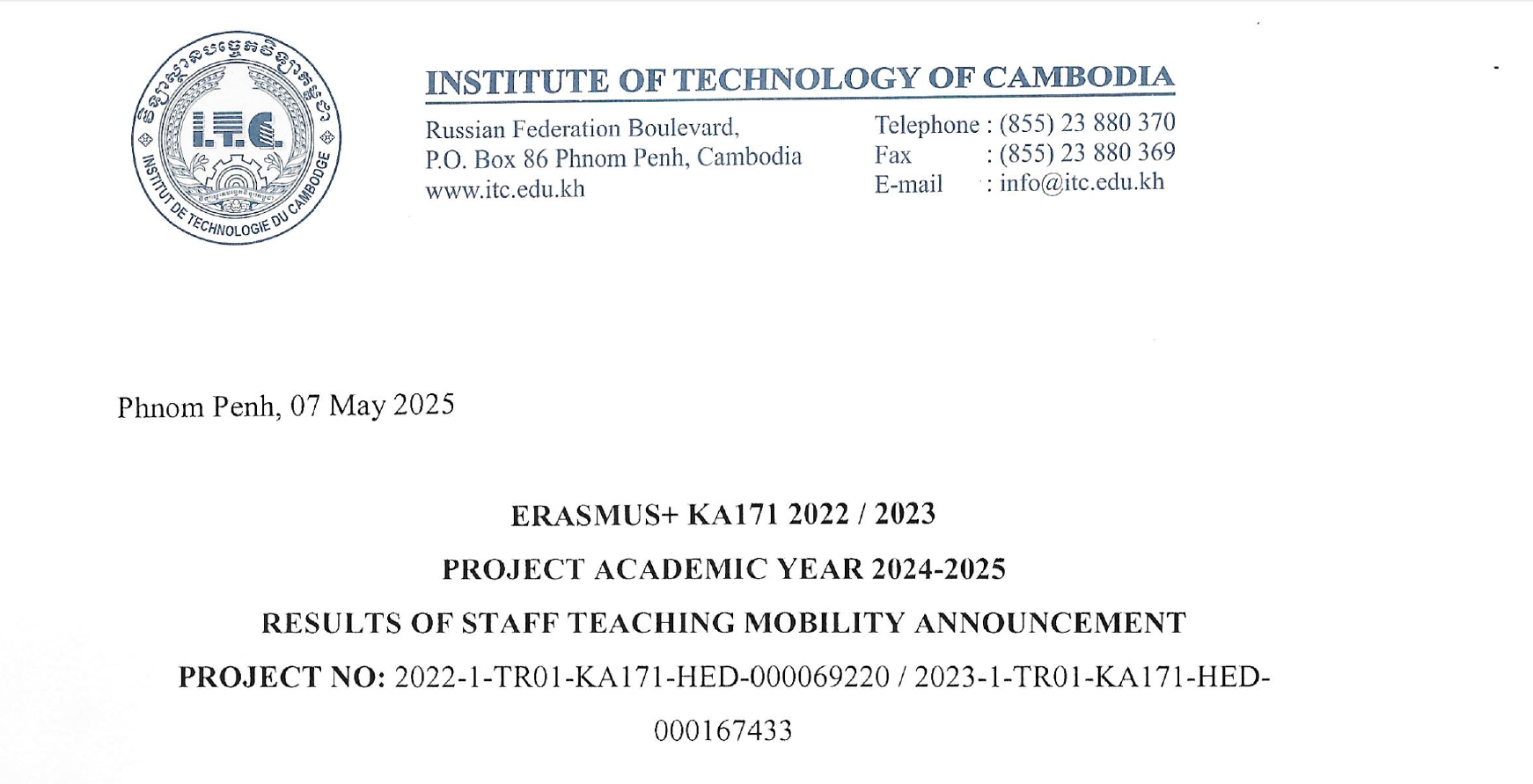 ERASMUS+ KA171 2022 / 2023 PROJECTACADEMIC YEAR 2024-2025 RESULTS OF STAFF TEACHING MOBILITY ANNOUNCEMENT